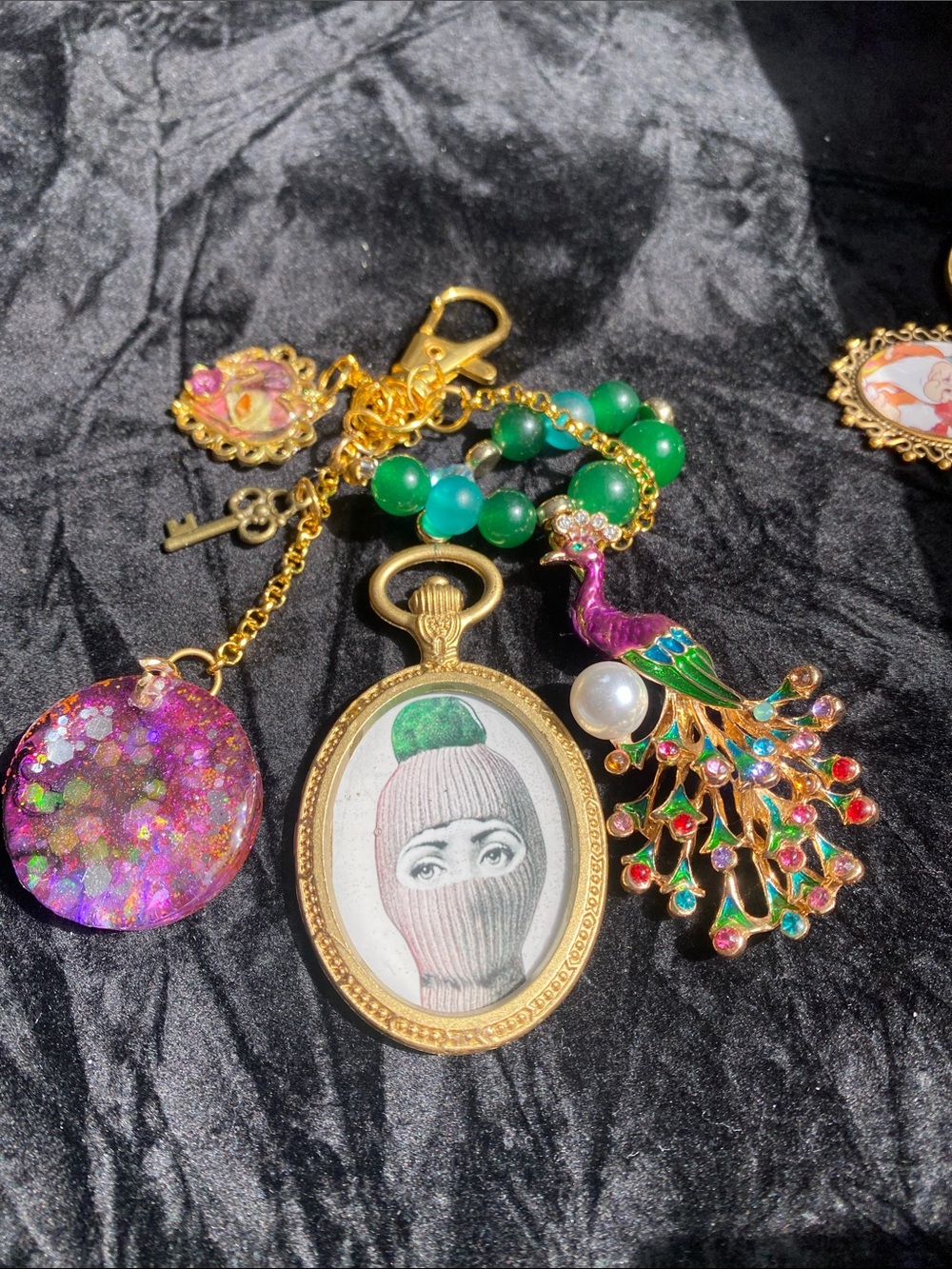 ✨Fornasetti Style Gold Vermeil Bag Charm Keychain | Italian Art Face Motif Y2K